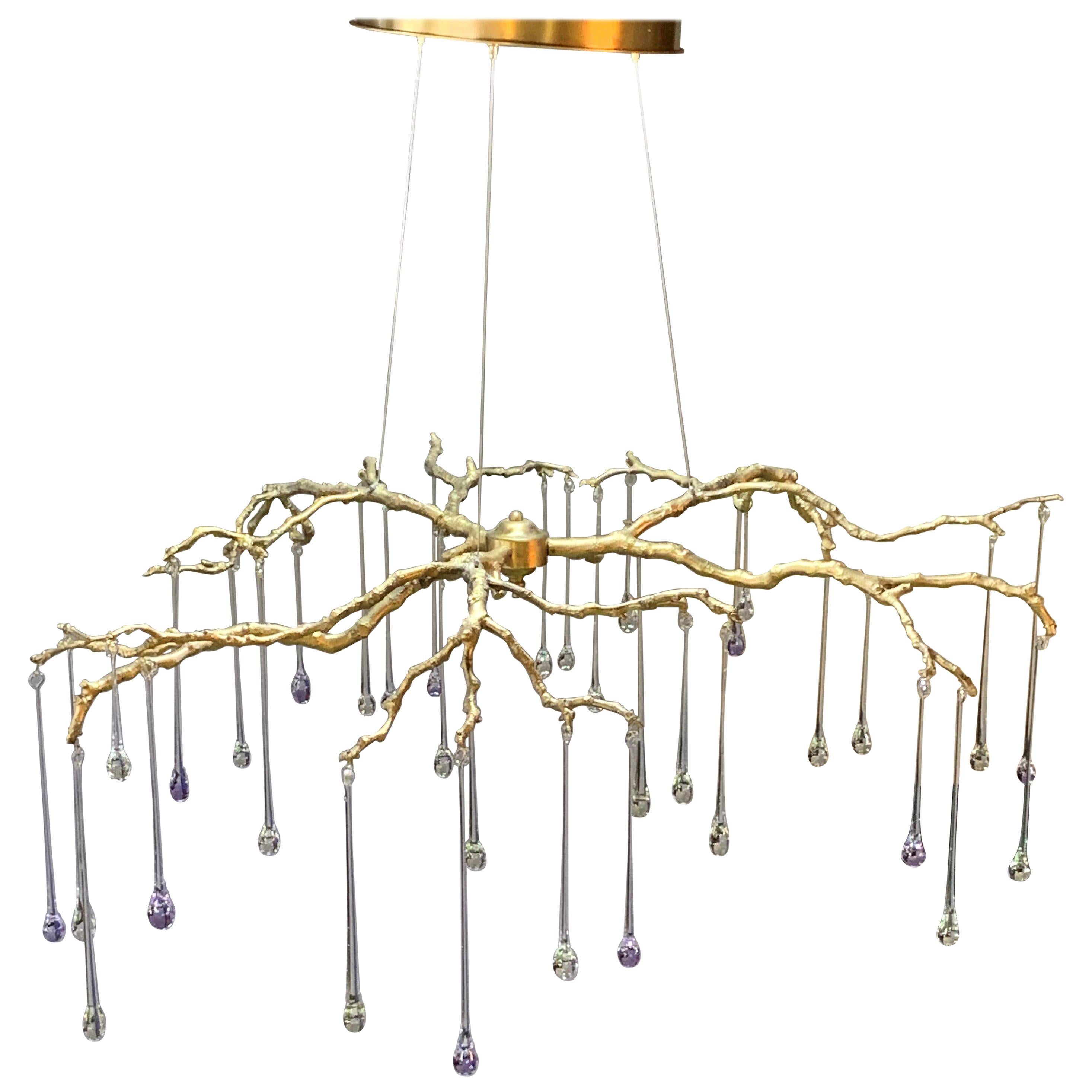 New Chandelier Pendant Lamp in Brass with Art Glass Drops