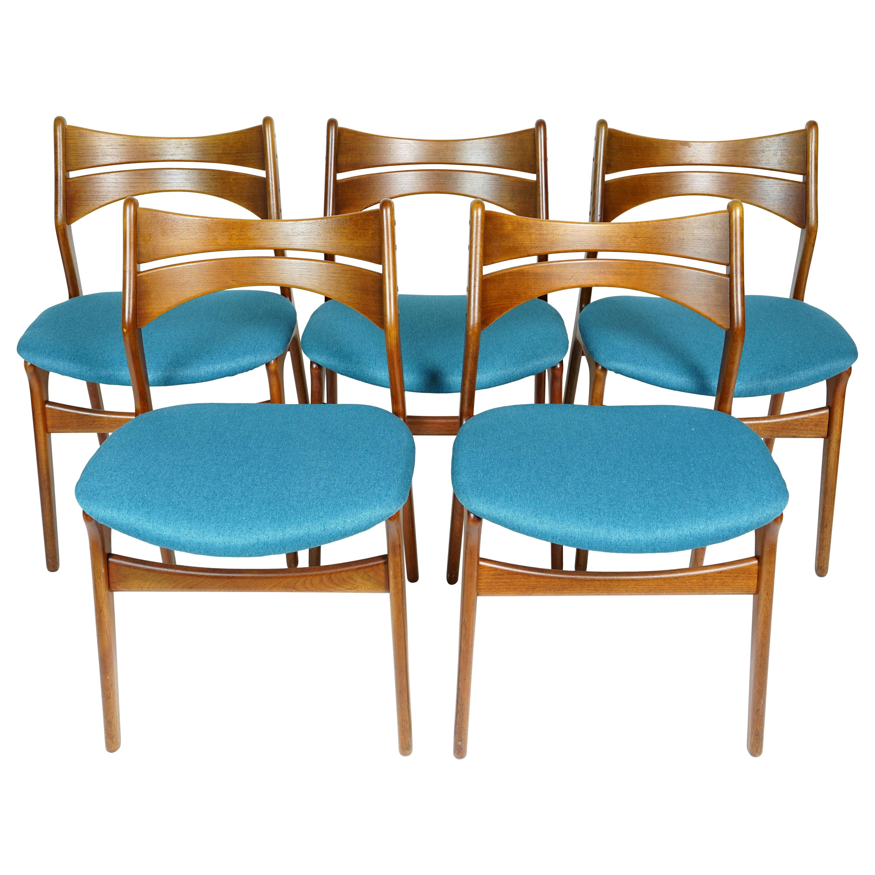 Set of Blue Teak Chairs by Erik Buch for Christiansen For Sale