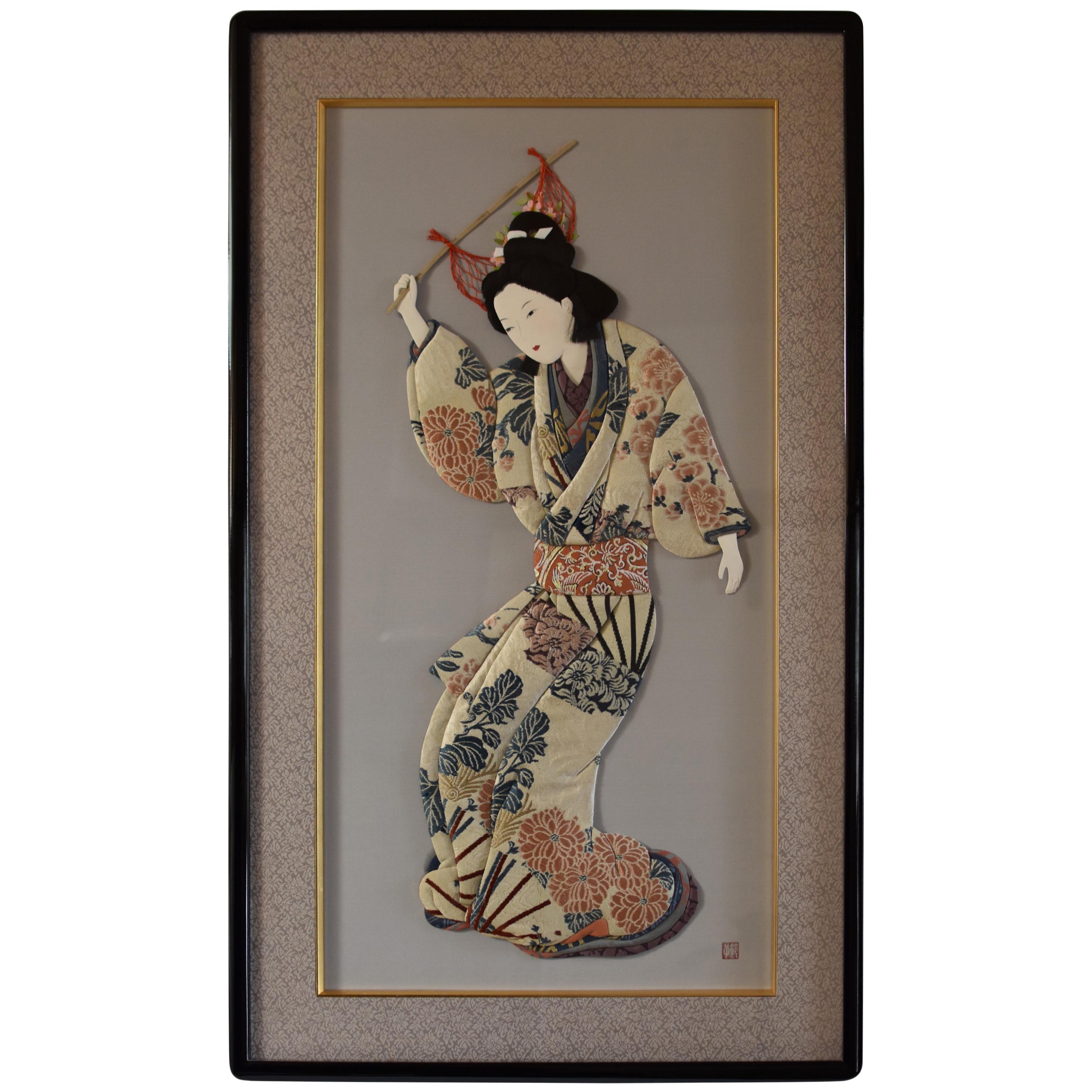 Art Decoratif japonais contemporain en brocart de soie Handcraft encadré Oshie