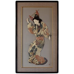 Retro Japanese Contemporary Brocade Silk Handcrafted Framed Oshie Decorative Art