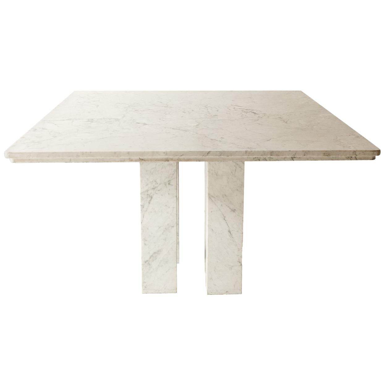 Square Italian Dining Table in Carrara Marble with Four Massive Columns