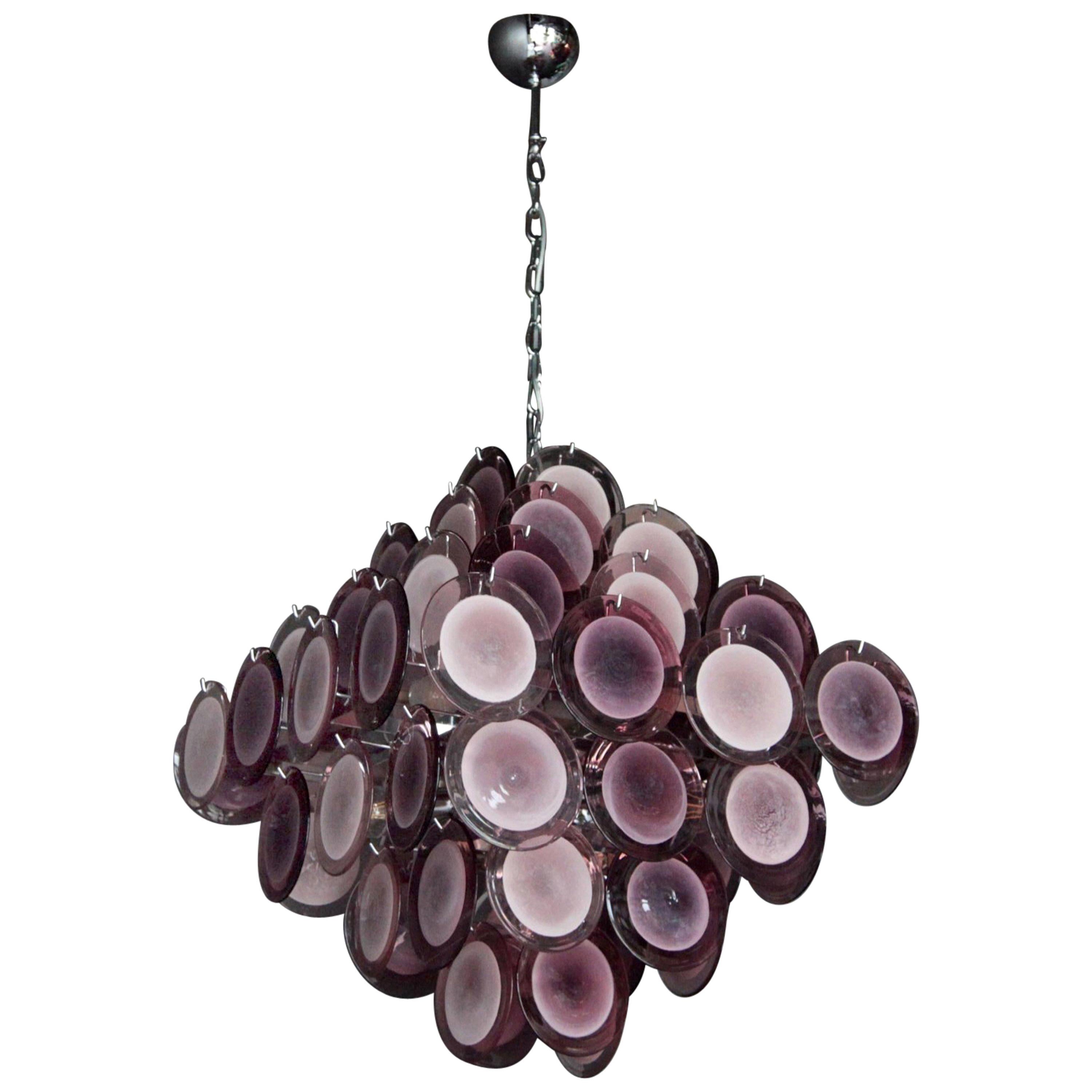 Large Amethyst Color Murano Glass Disc Chandelier Attributed to Vistosi For Sale