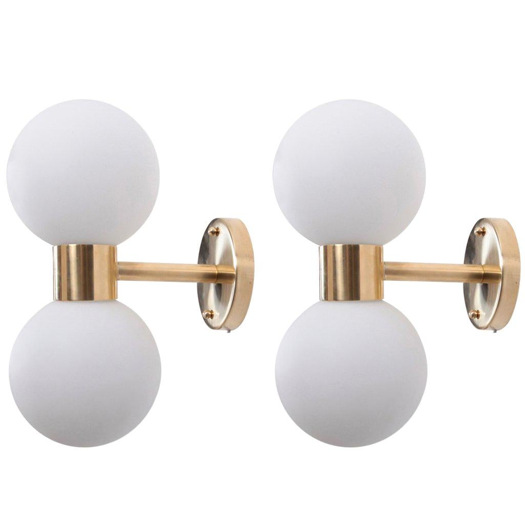1 of 6 Brass and White Glass Wall Lamps or Sconces For Sale