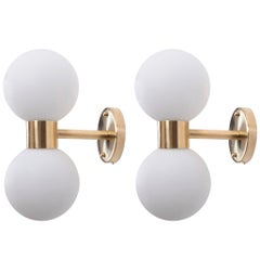 1 of 6 Brass and White Glass Wall Lamps or Sconces