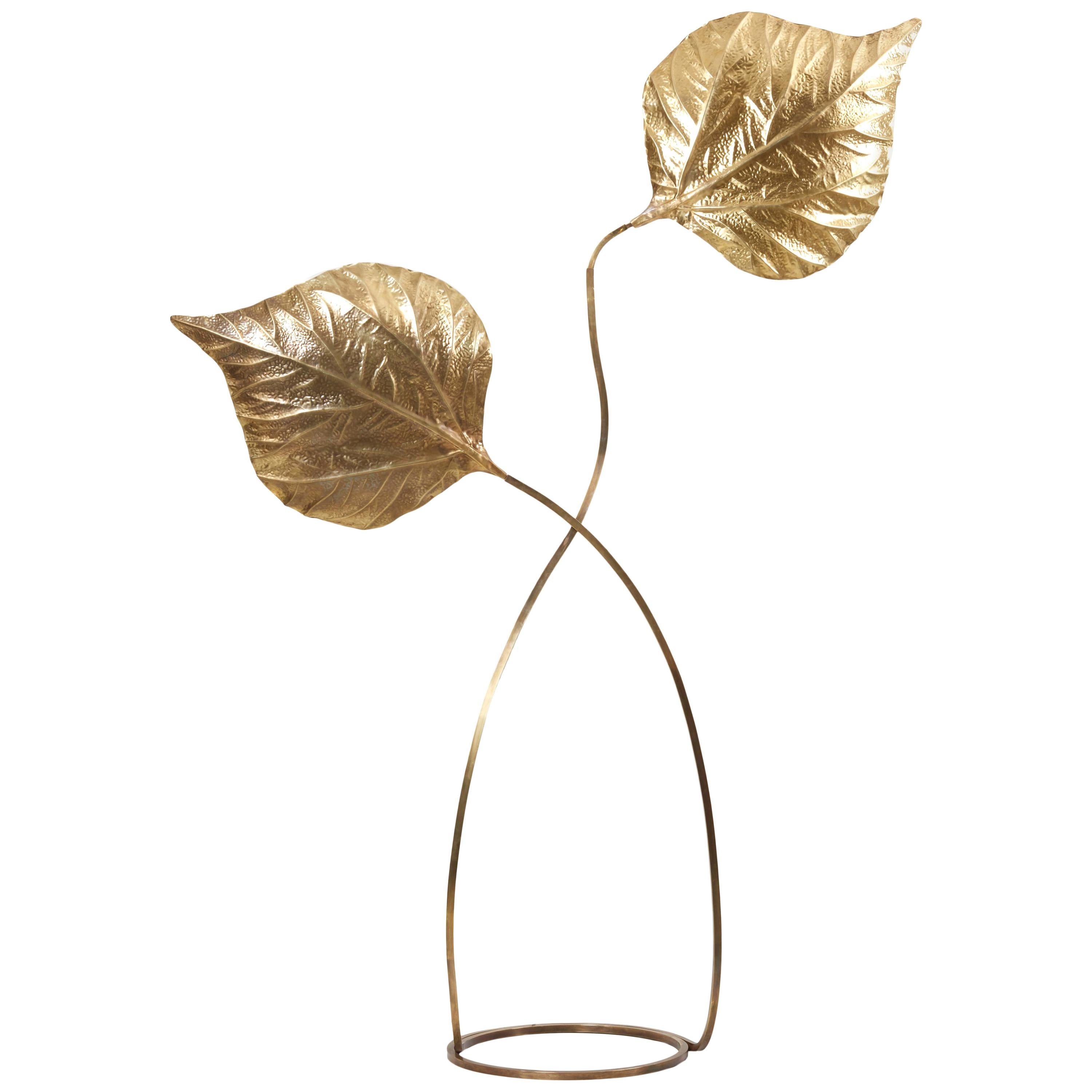 Huge Two Rhubarb Leaves Brass Floor Lamp by Tommaso Barbi