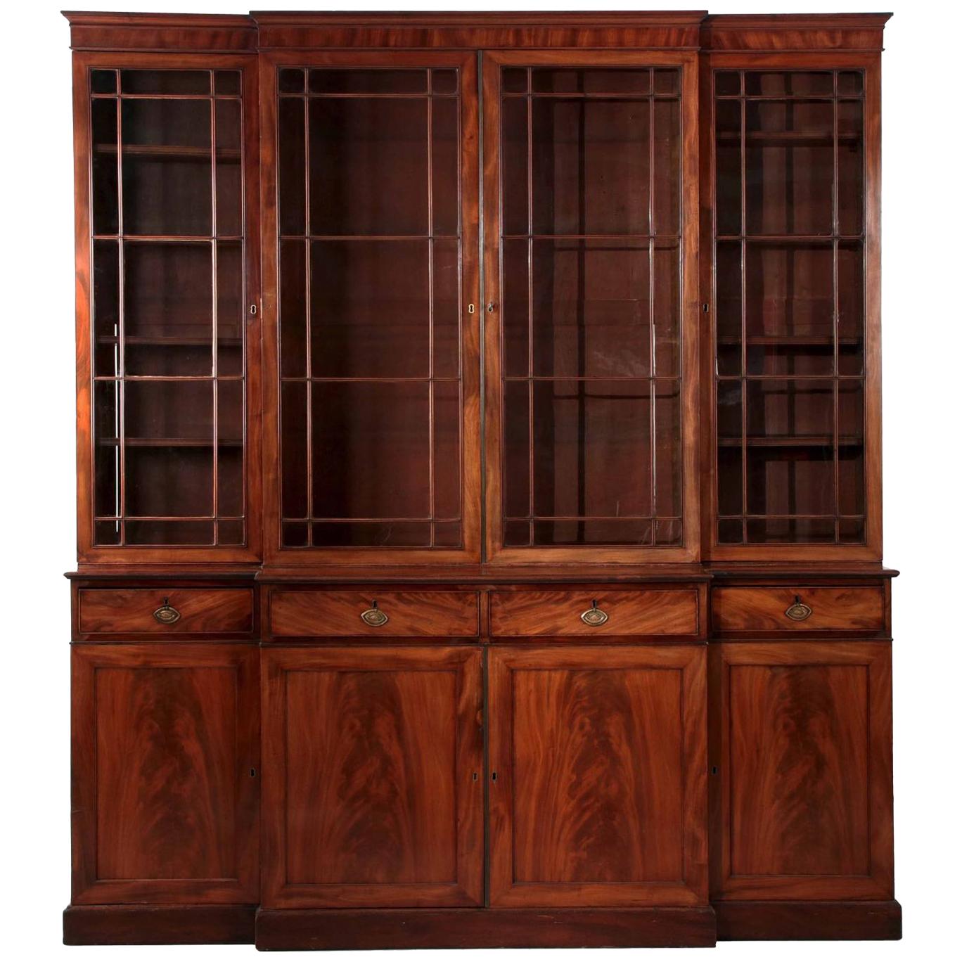 George III Mahogany Breakfront Antique China Cabinet Bookcase, England