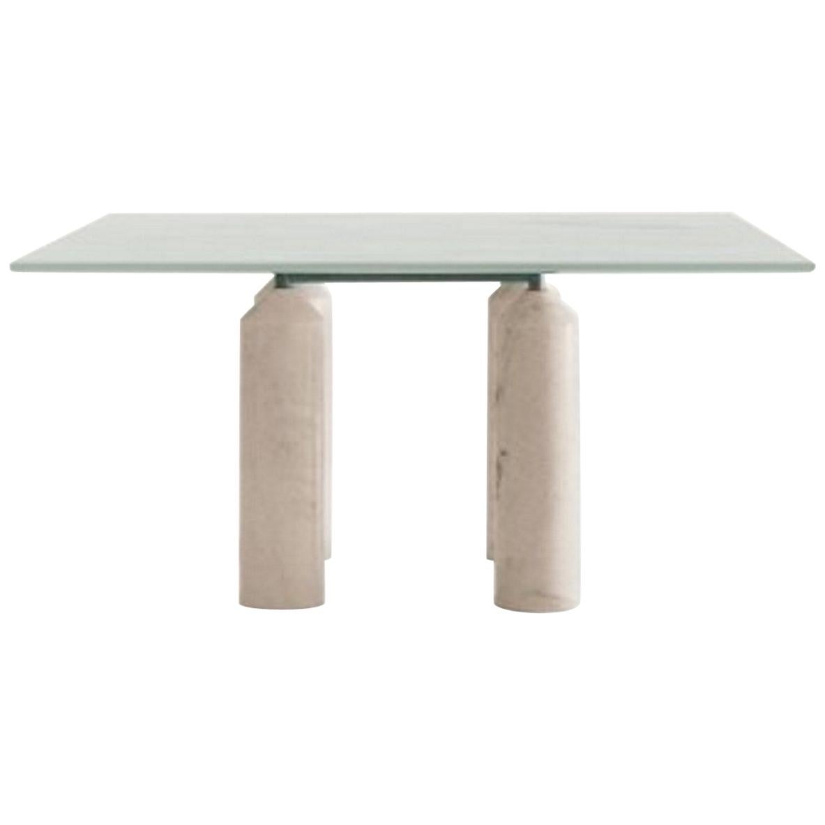 Large Square Dining Table White Marble and Travertine, Sormani, Italy, 1981