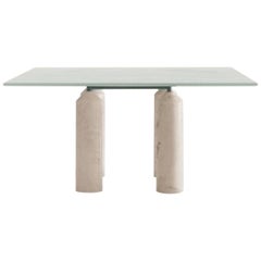 Vintage Large Square Dining Table White Marble and Travertine, Sormani, Italy, 1981