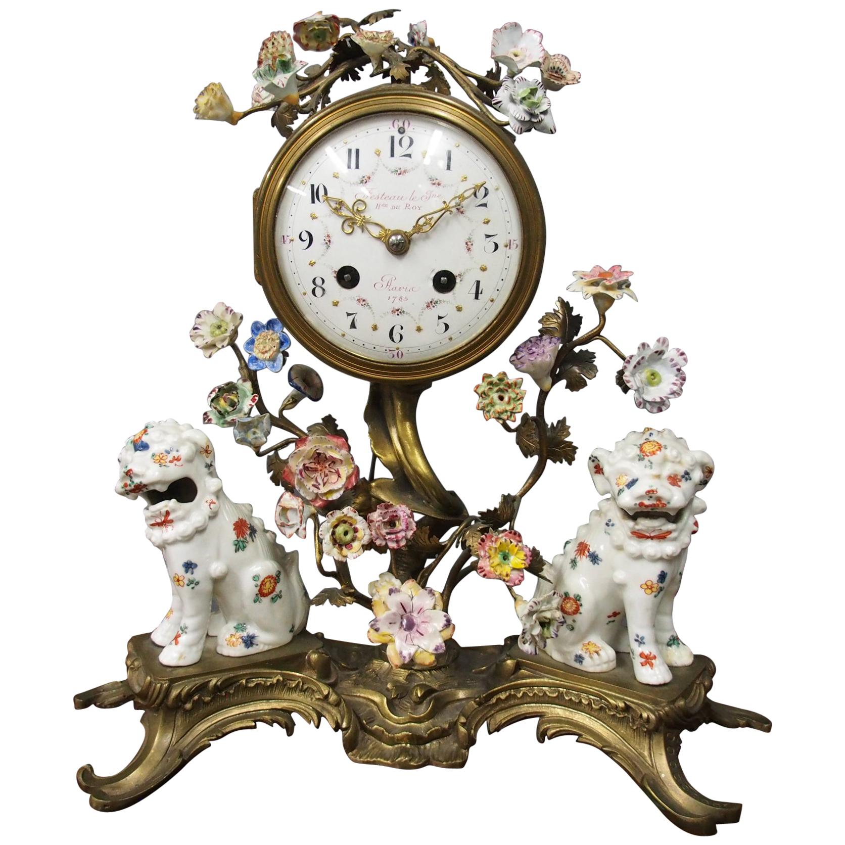 French Chinoiserie Brass and Porcelain Mantel Clock For Sale