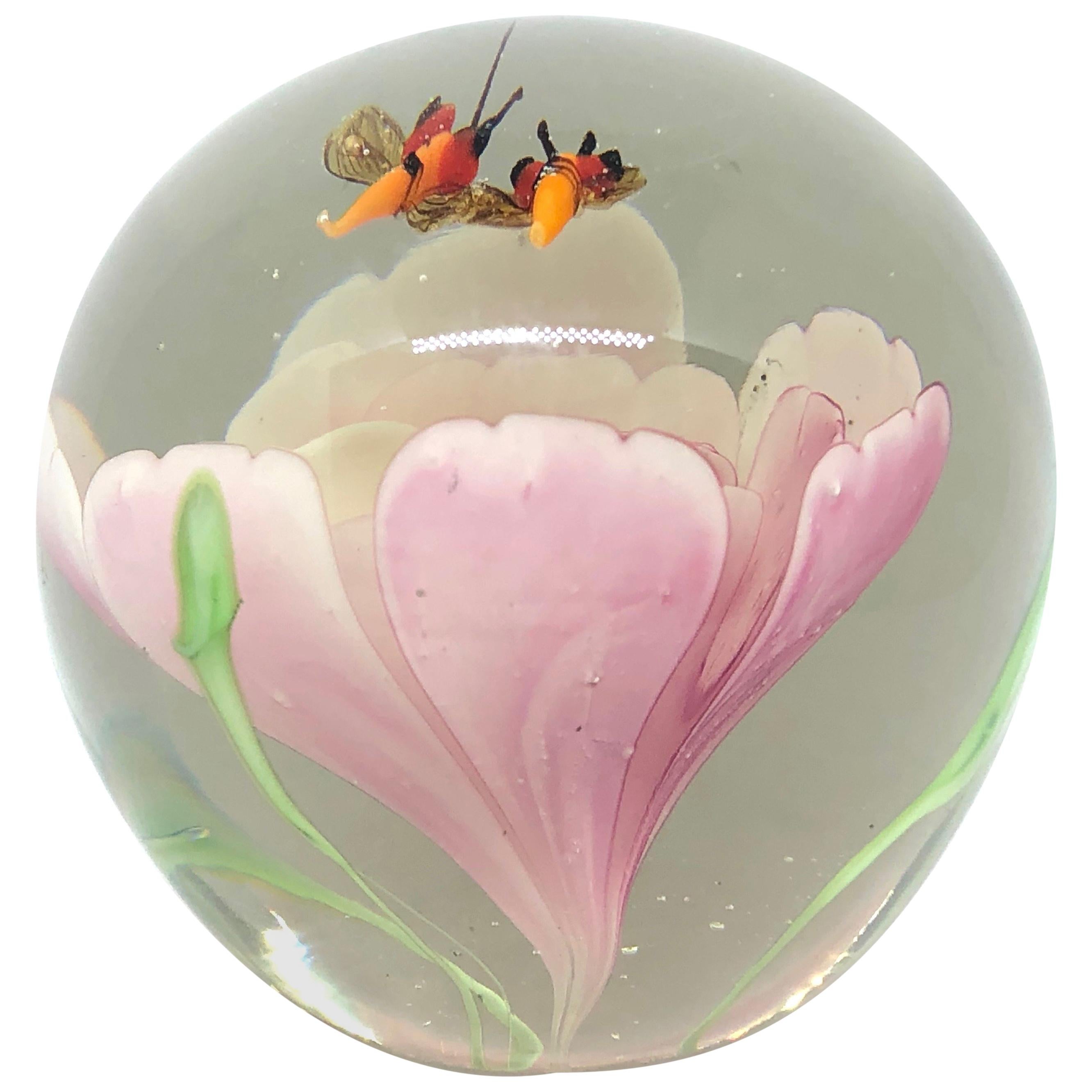Vintage Glass Paperweight w 6 Internal Flowers & 1 External Ladybug Collectible Paperweight Office and Spring Decor Handmade
