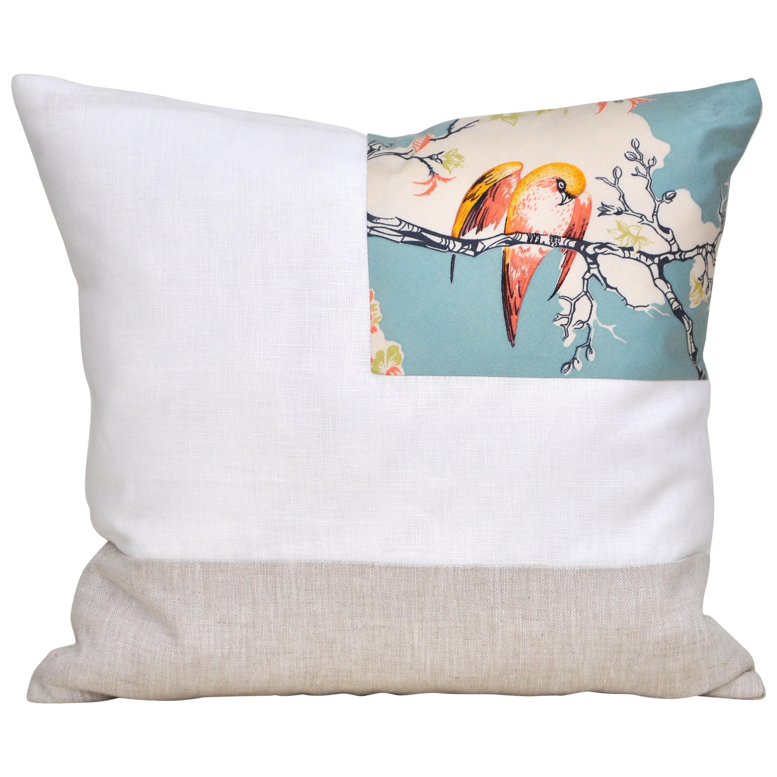 Rare Vintage Liberty of London English Silk Pillow Irish Linen Birds Cushion For Sale