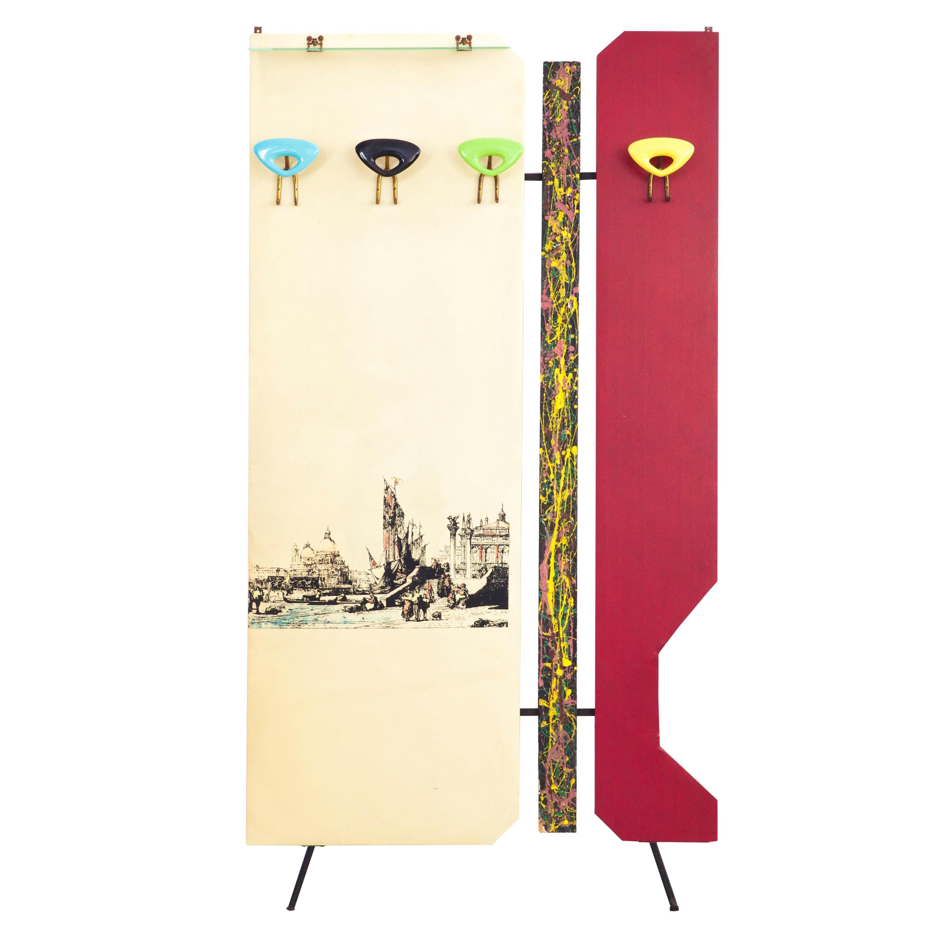 Italian Multicolored Wardrobe with "Venice" Print and Abstract Paintings, 1950s