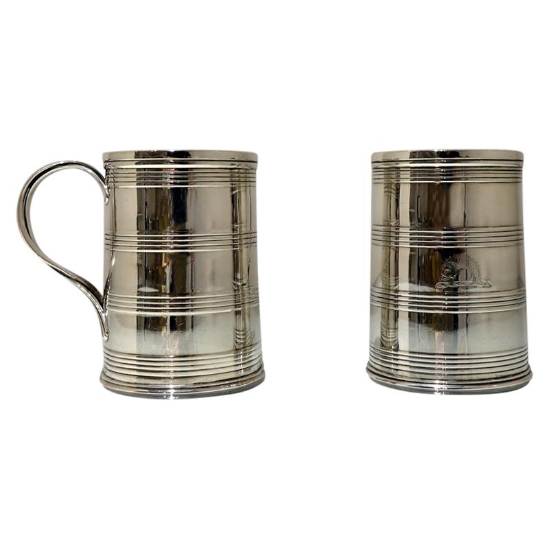 Mid-18th Century Antique George III Sterling Silver Pair 3/4 Pint Mugs London 17 For Sale