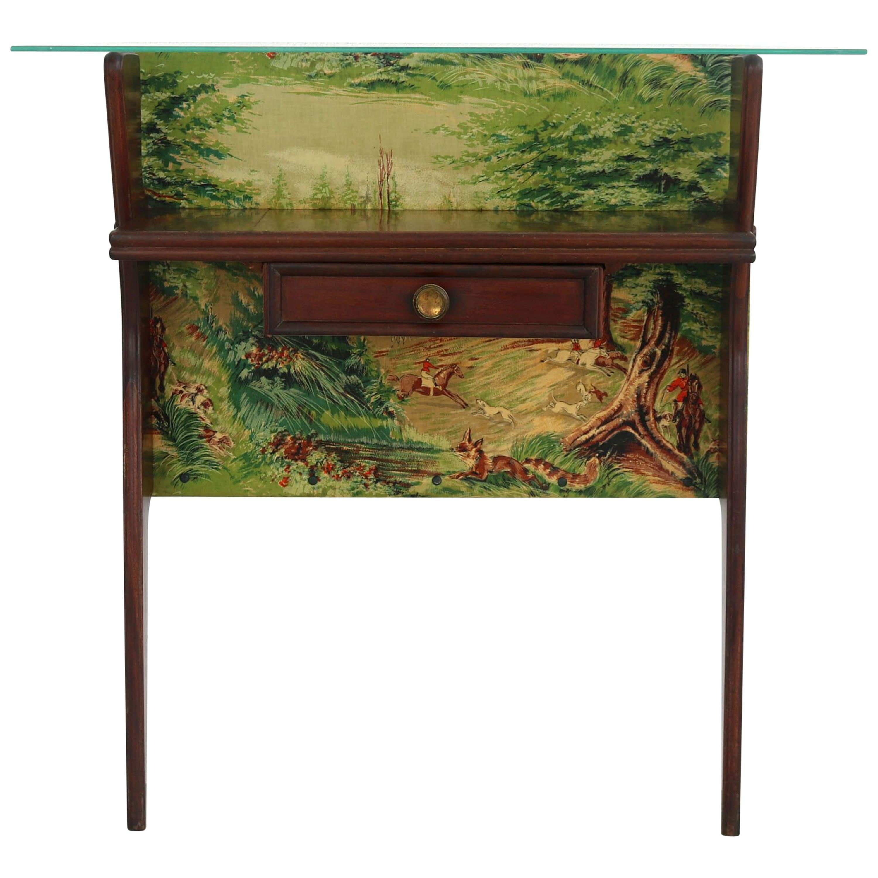 Italian Small Wall Console with Chintz Upholstery and Hunting Motives, 1950s