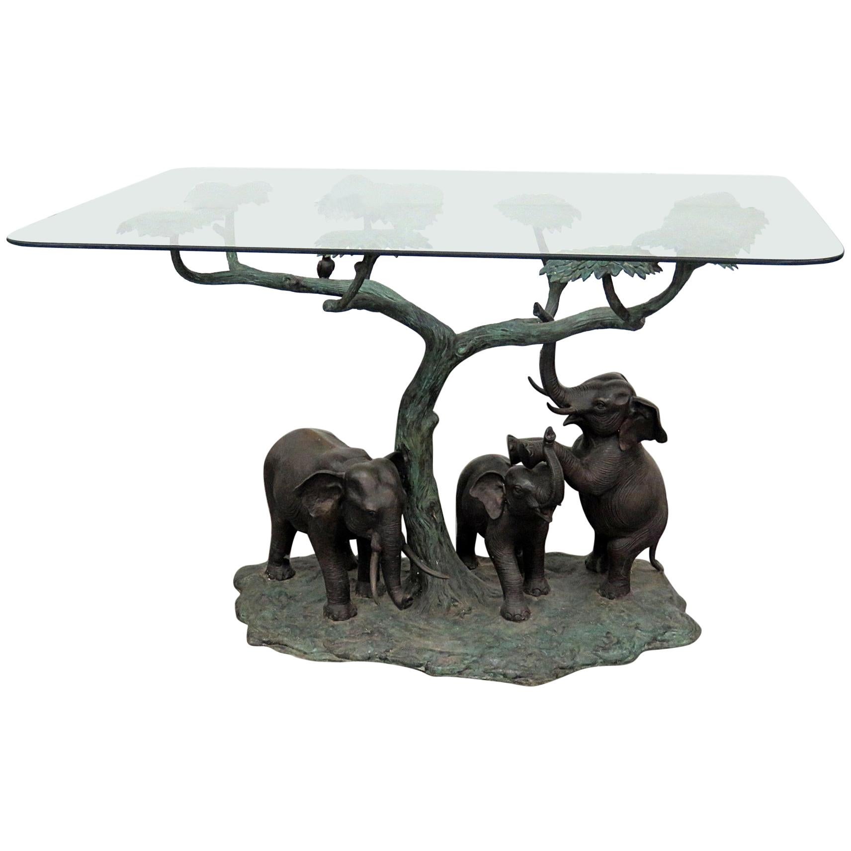 Bronze Jungle Tree and Elephants Sculptural Glass Top Center Table