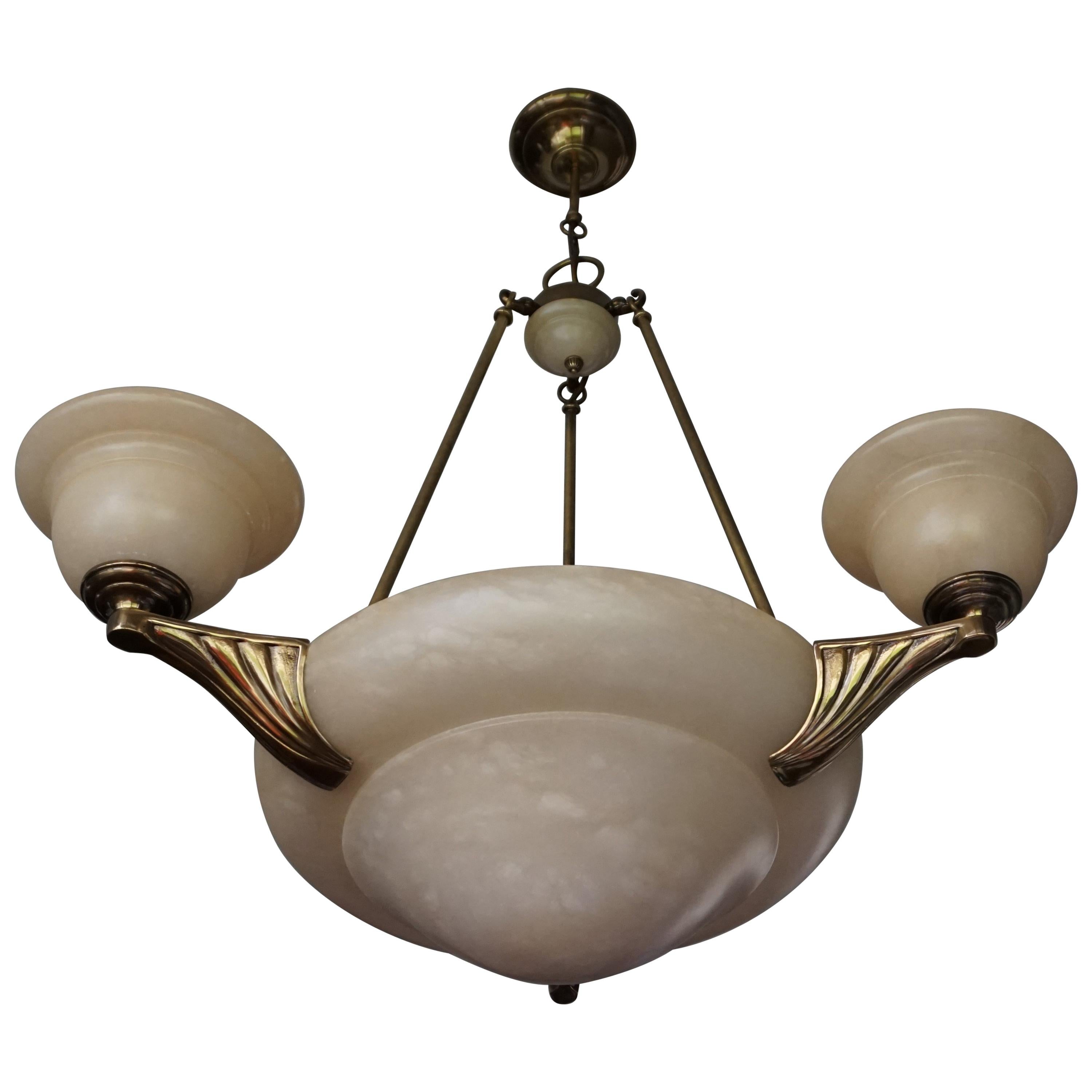 Arts & Crafts Style Alabaster and Golden Coated Bronze and Brass Pendant Light