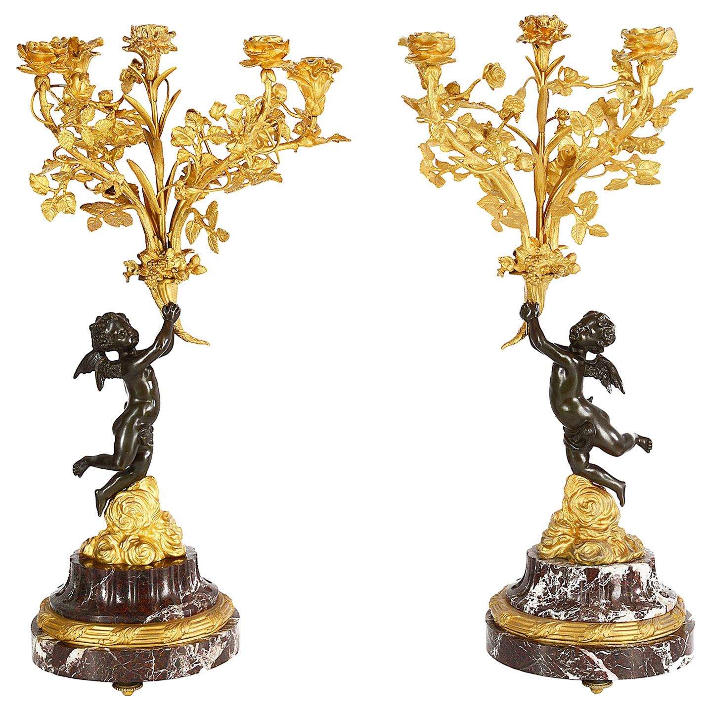 Large Pair of Louis XVI Style Gilded Candelabra, 19th Century For Sale