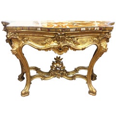 19th Century Louis XV Giltwood Italian Rome Console Table Marble Top, 1800s