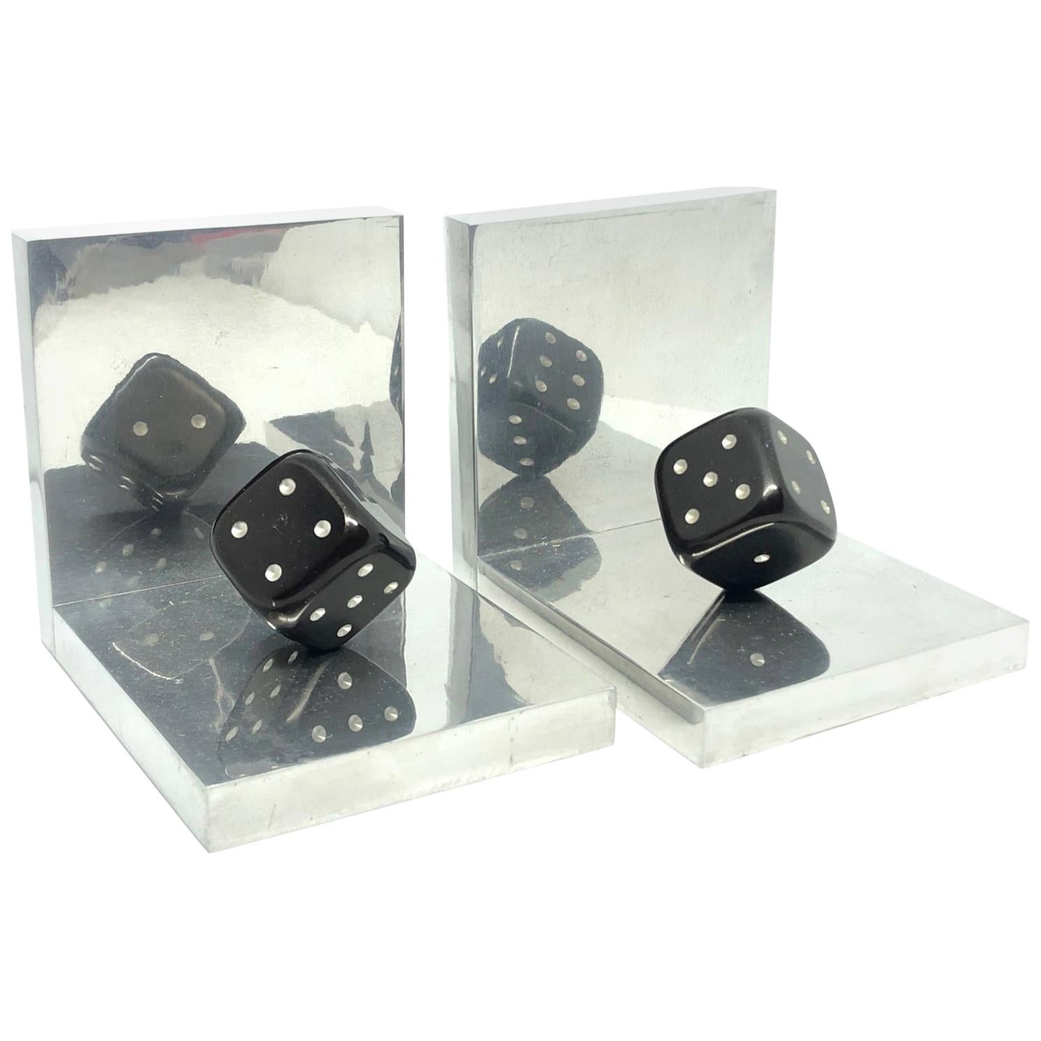 Pair of Art Deco Dice Bookends Black and Chrome Vintage German