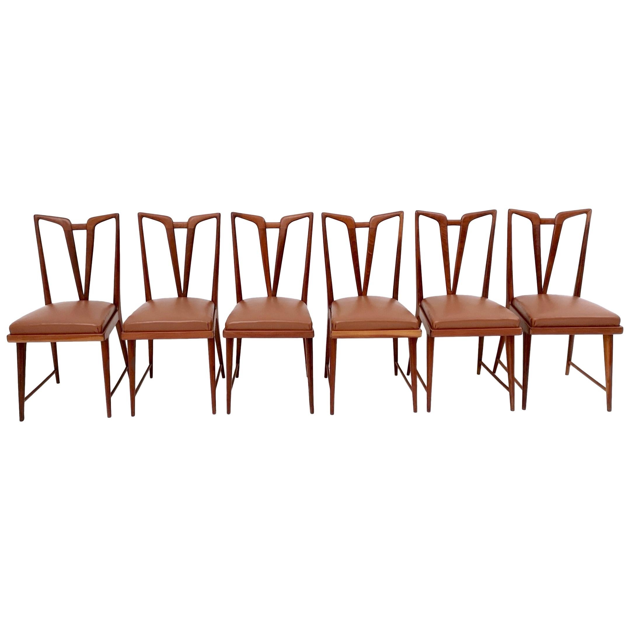 Set of Six Vintage Solid Wood Dining Chairs with Brown Skai Upholstery, Italy