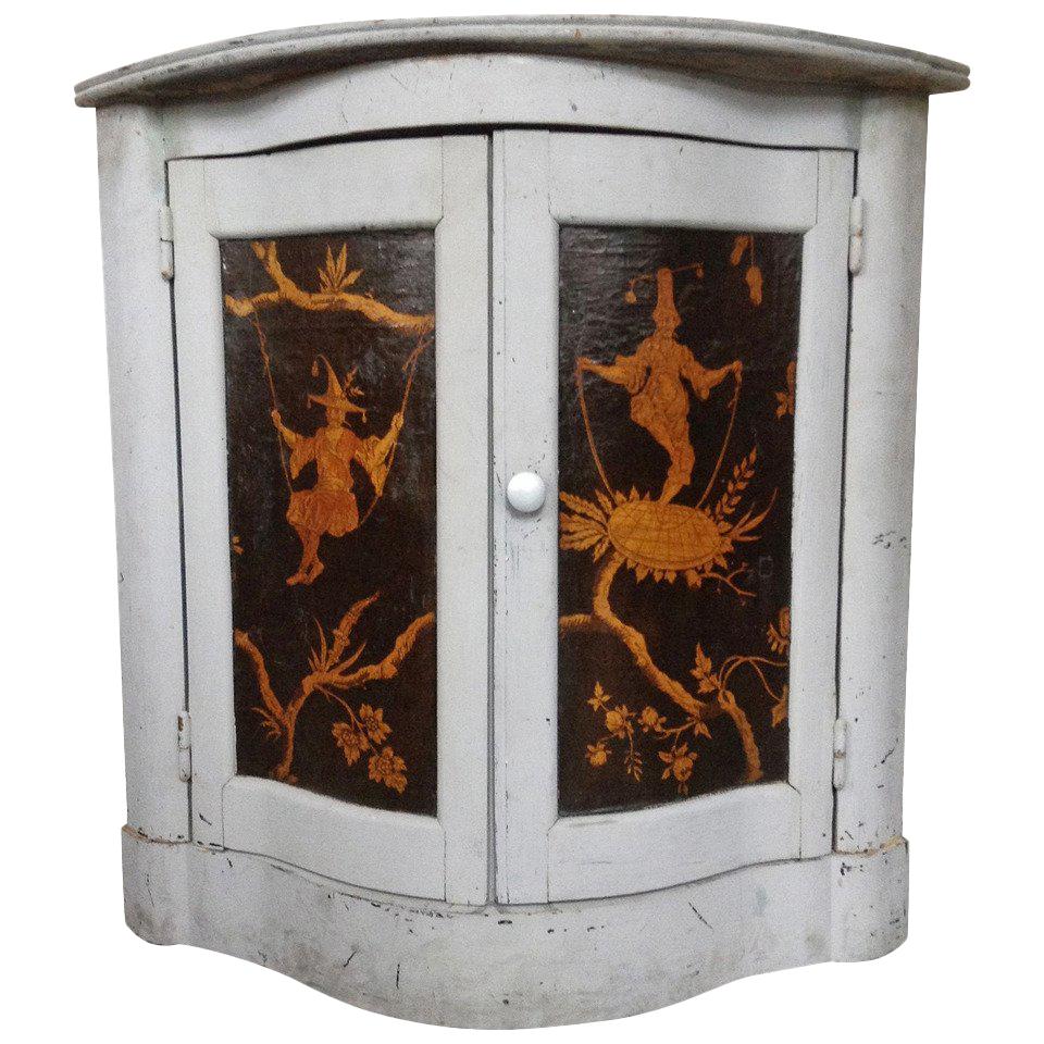 19th C. French Grey Painted Corner Cabinet with Chinoiserie Painted Panels For Sale