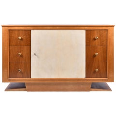 Antique Art Deco Satin Birch, Oak, Brass and Velum Cabinet