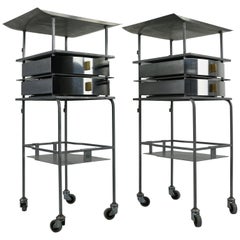 Set of 2 Industrial Stainless Steel Design Trolleys- Side Tables, 1950s