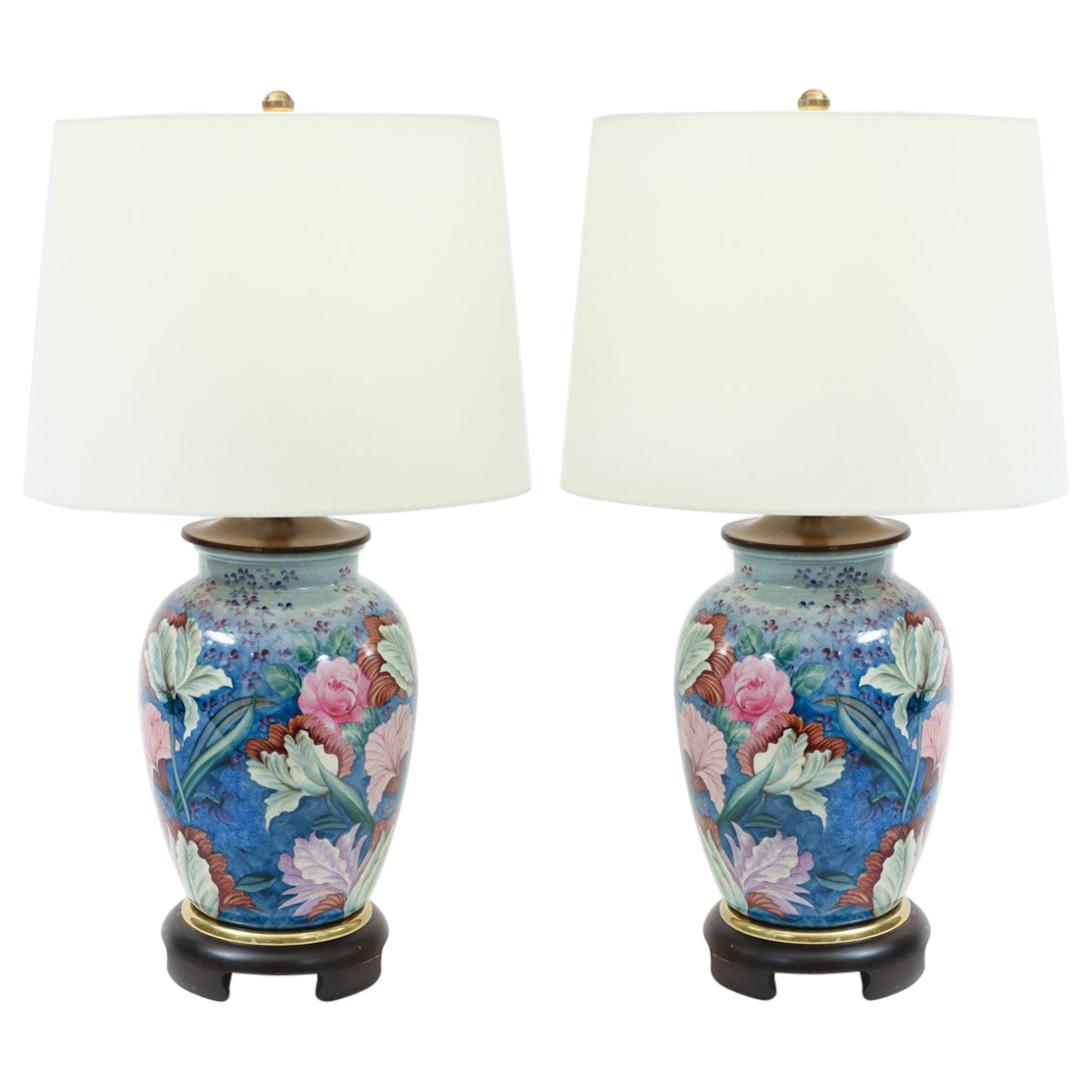 Pair  Porcelain with Mahogany Wood Base Table Lamps