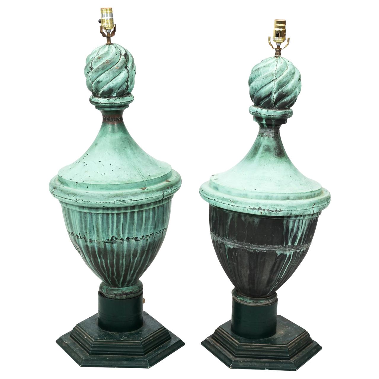 Pair of Copper Neoclassical Urn Finial Lamps, circa 1890