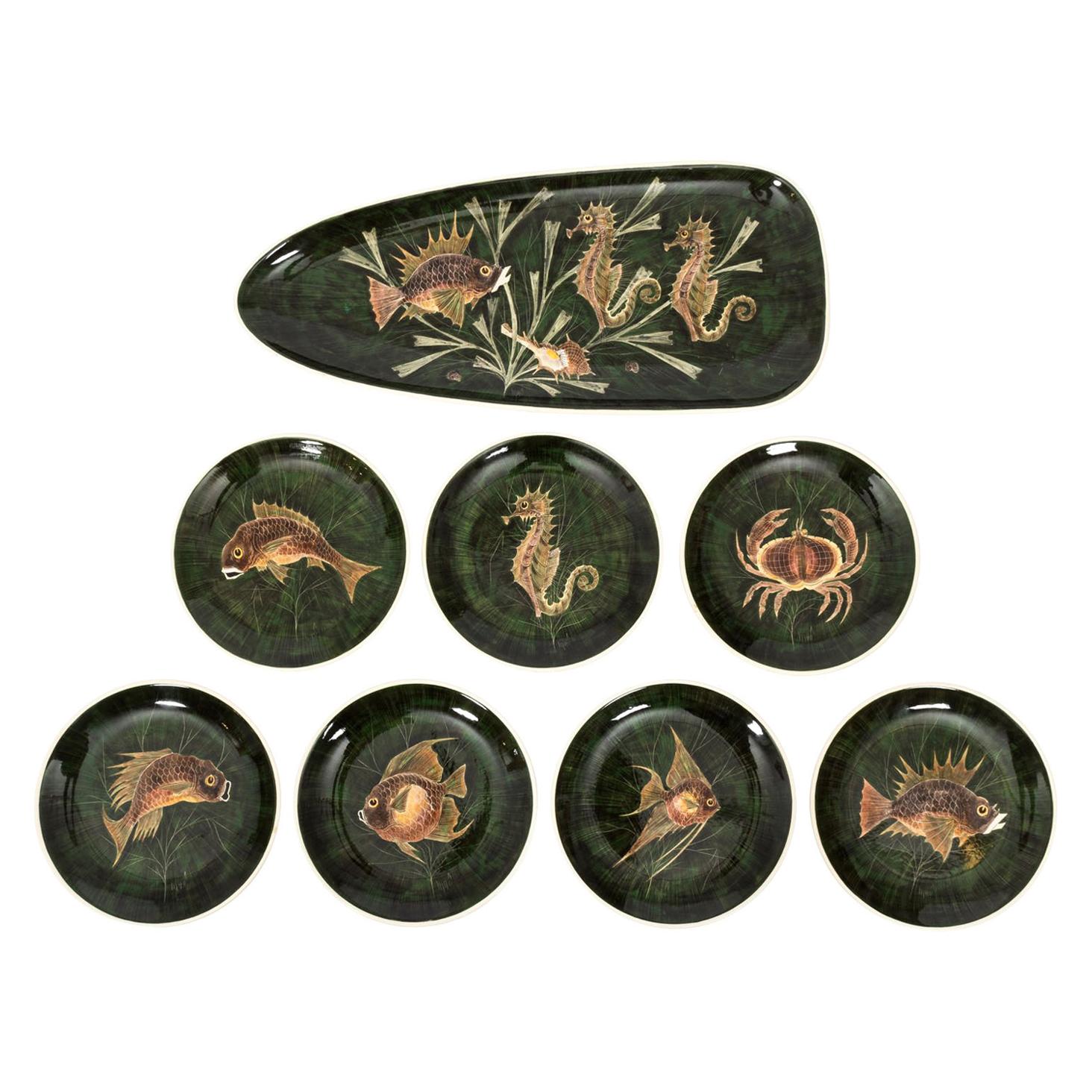 Set of French Painted Sea Life Plates by Maoi, circa 1960