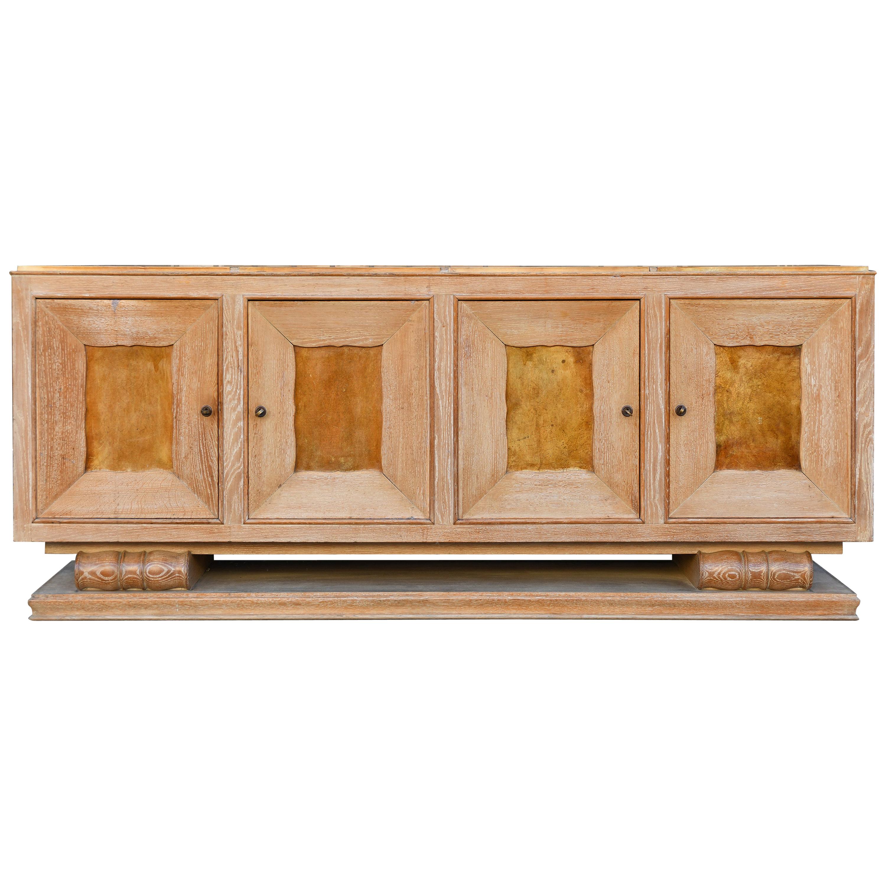 Large Art Deco Limed Oak and Velum Sideboard, by Perdoni Lombard