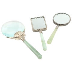 Antique Chinese Bowenite Handled Magnifying Glass and Two Hand Held Mirrors Porcelain