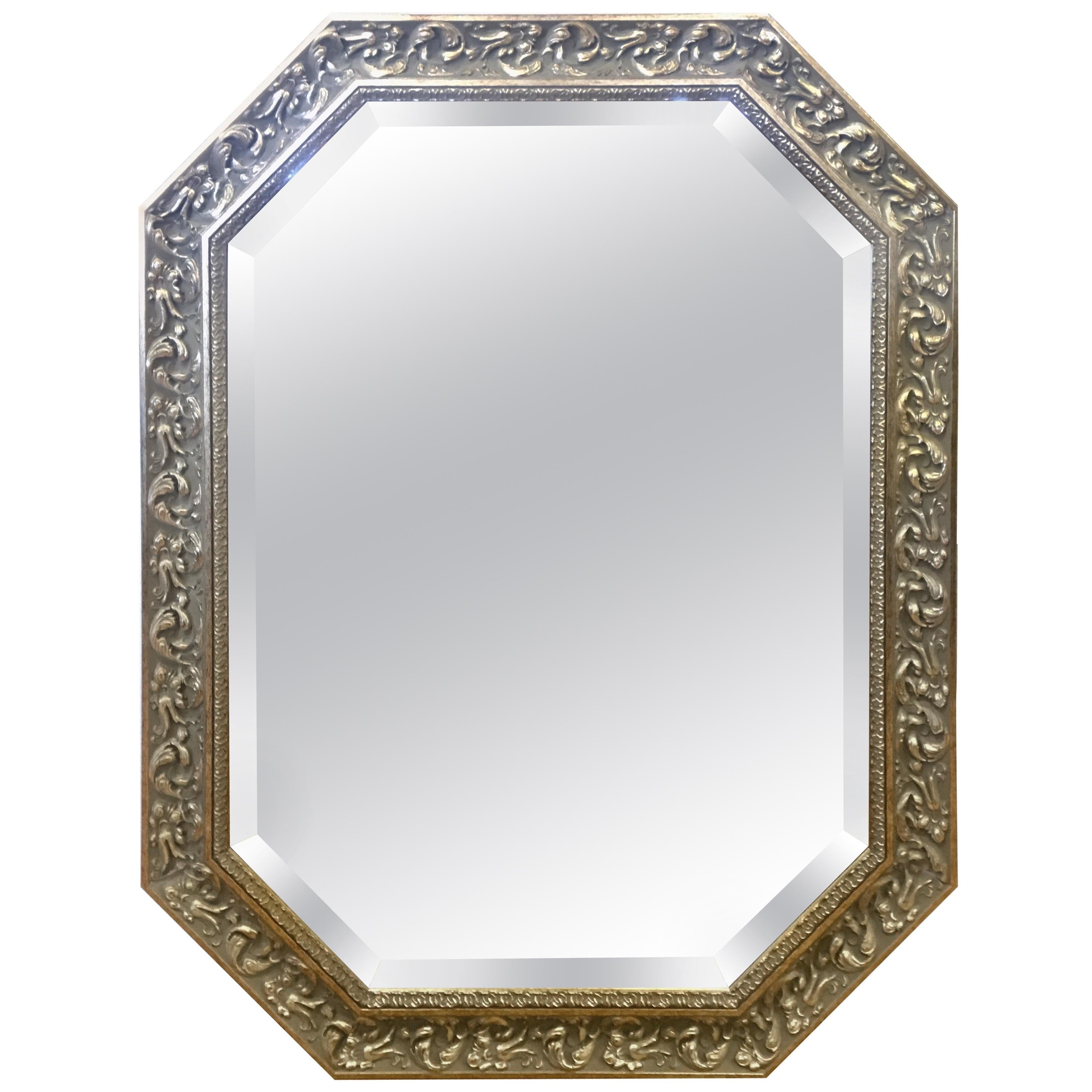 Octagonal Carved Beveled Hanging Wall Mirror Done in Gilt and Silver Color