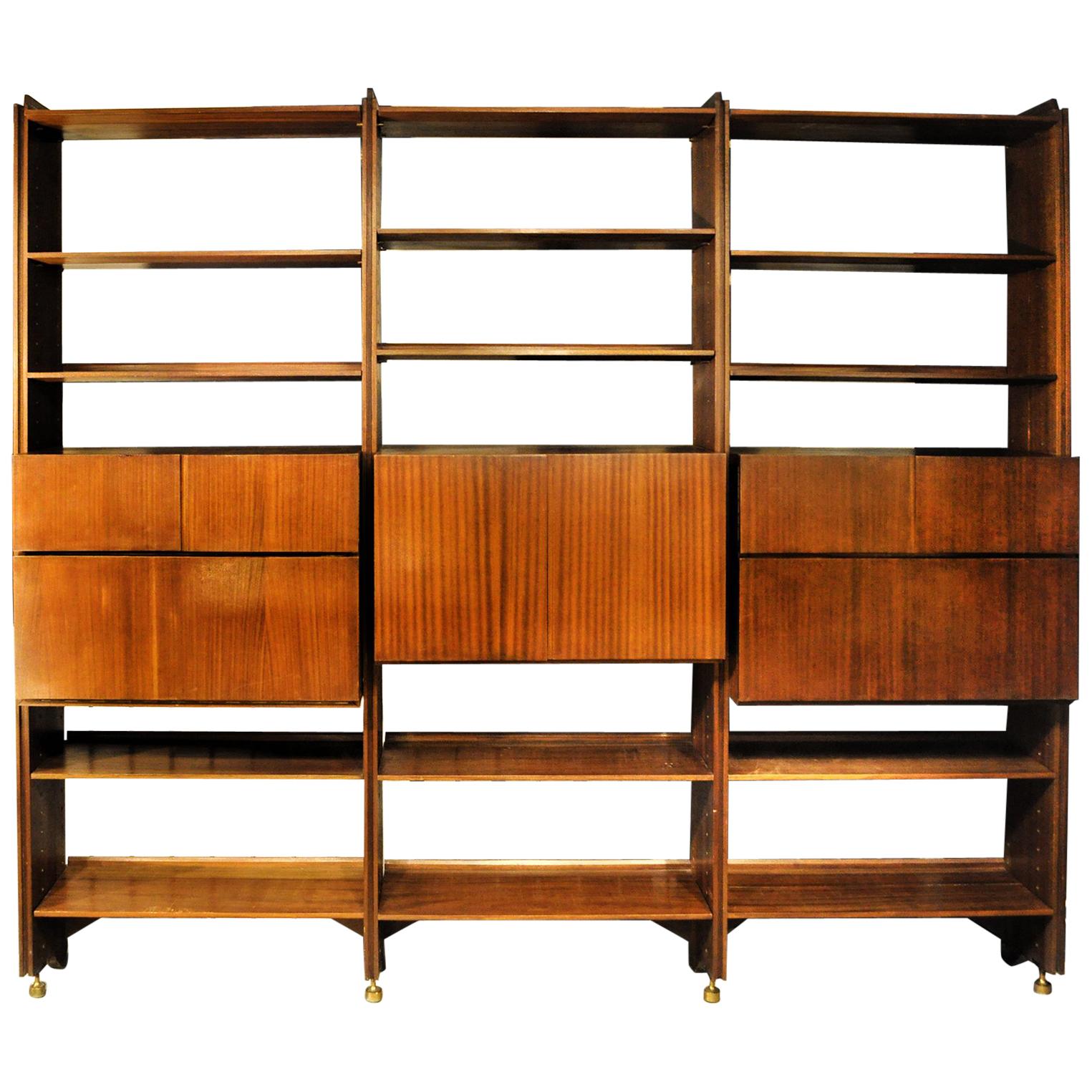 Vintage Italian Bookcase with Doors, Bar Cabinet, Drawers, 1950s For Sale