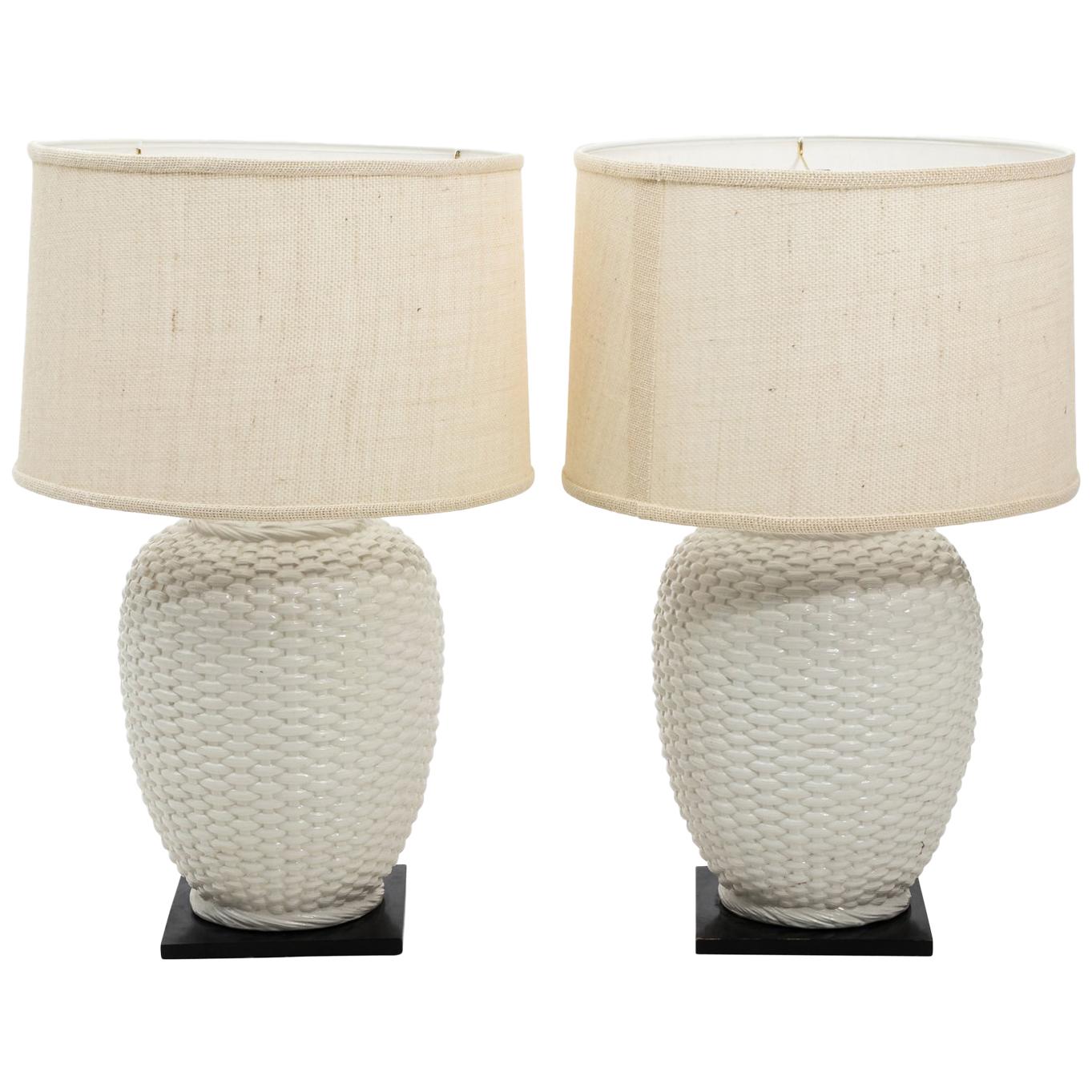 Pair of Ceramic Basket Weave Lamps