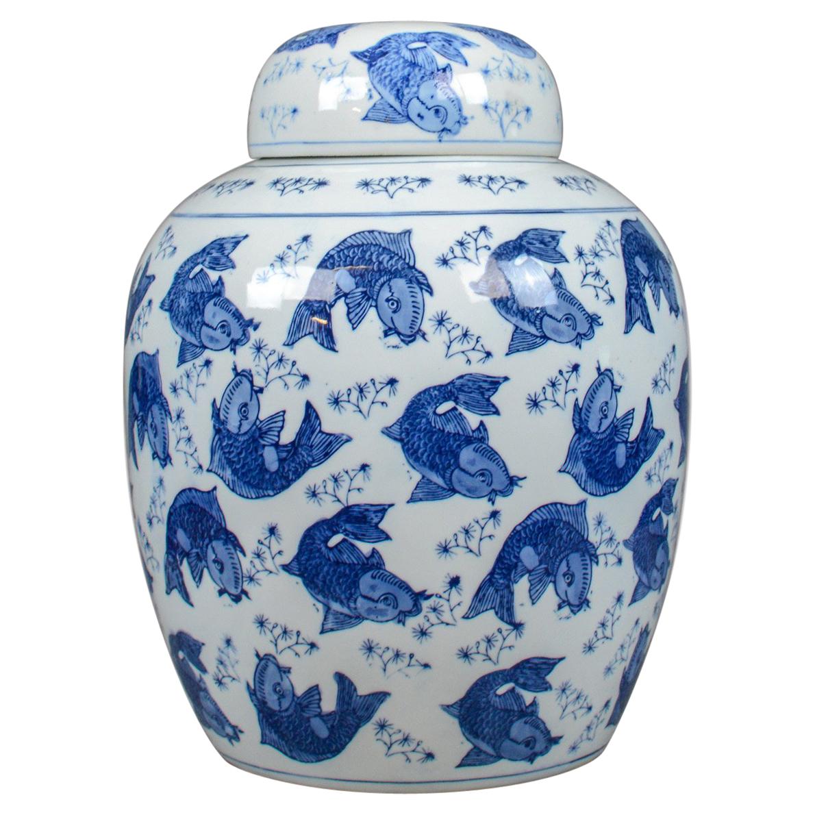Large Oriental Ginger Jar, Vintage, Decorative Ceramic Vase, Koi Carp Fish