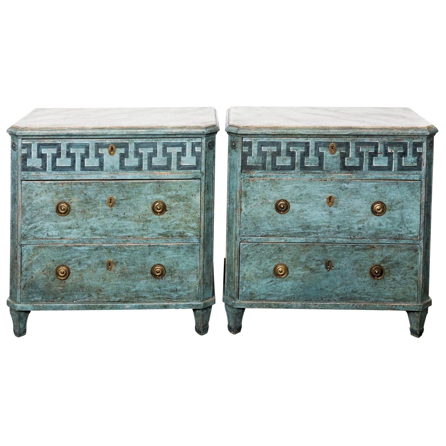 Pair of Swedish Blue Painted Commodes For Sale