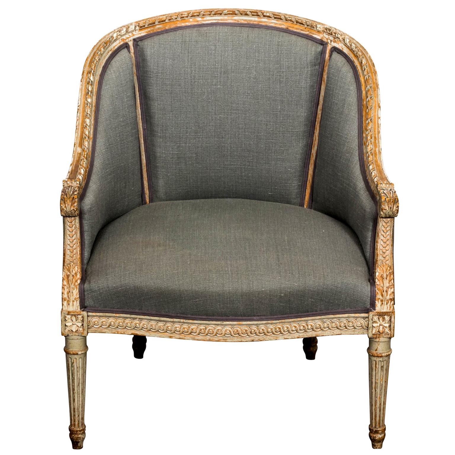 Upholstered Louis XVI Style Bergère Armchair For Sale