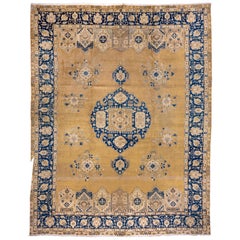 Antique Geometric Tabriz Carpet, Yellow Field, Blue Borders