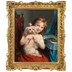 Antique Fritz Zuber-Bühler a Young Girl with a Maltese Terrier