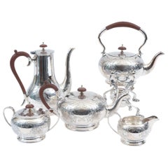 English Five-Piece Silver Plate Tea or Coffee Service with Wood Handle