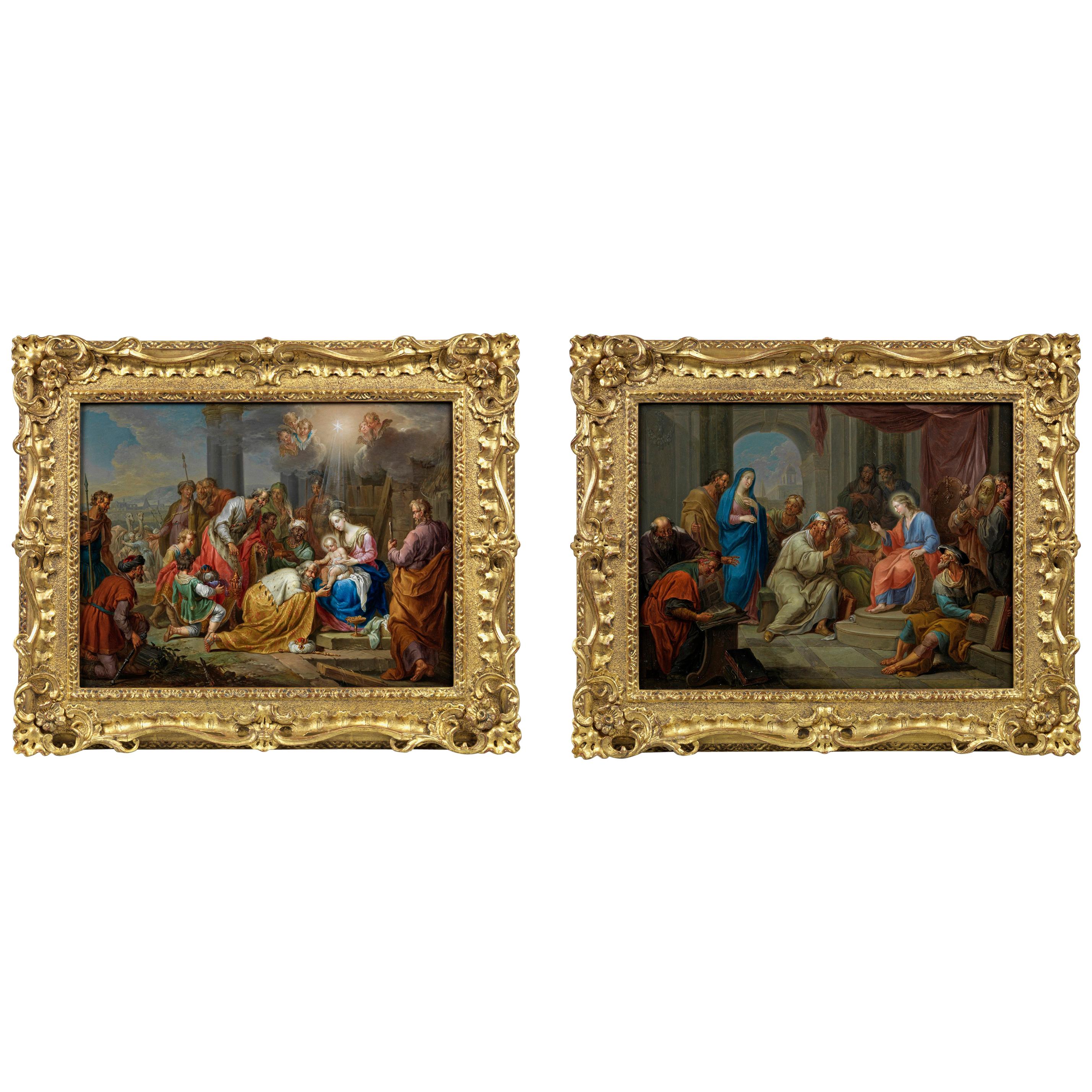 Adoration of the Magi and Christ Amongst the Doctors a Pair, Oil on Copper For Sale