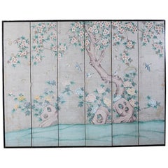 Chinoiserie Painted Silver Leaf Six-Panel Wallpaper Screen
