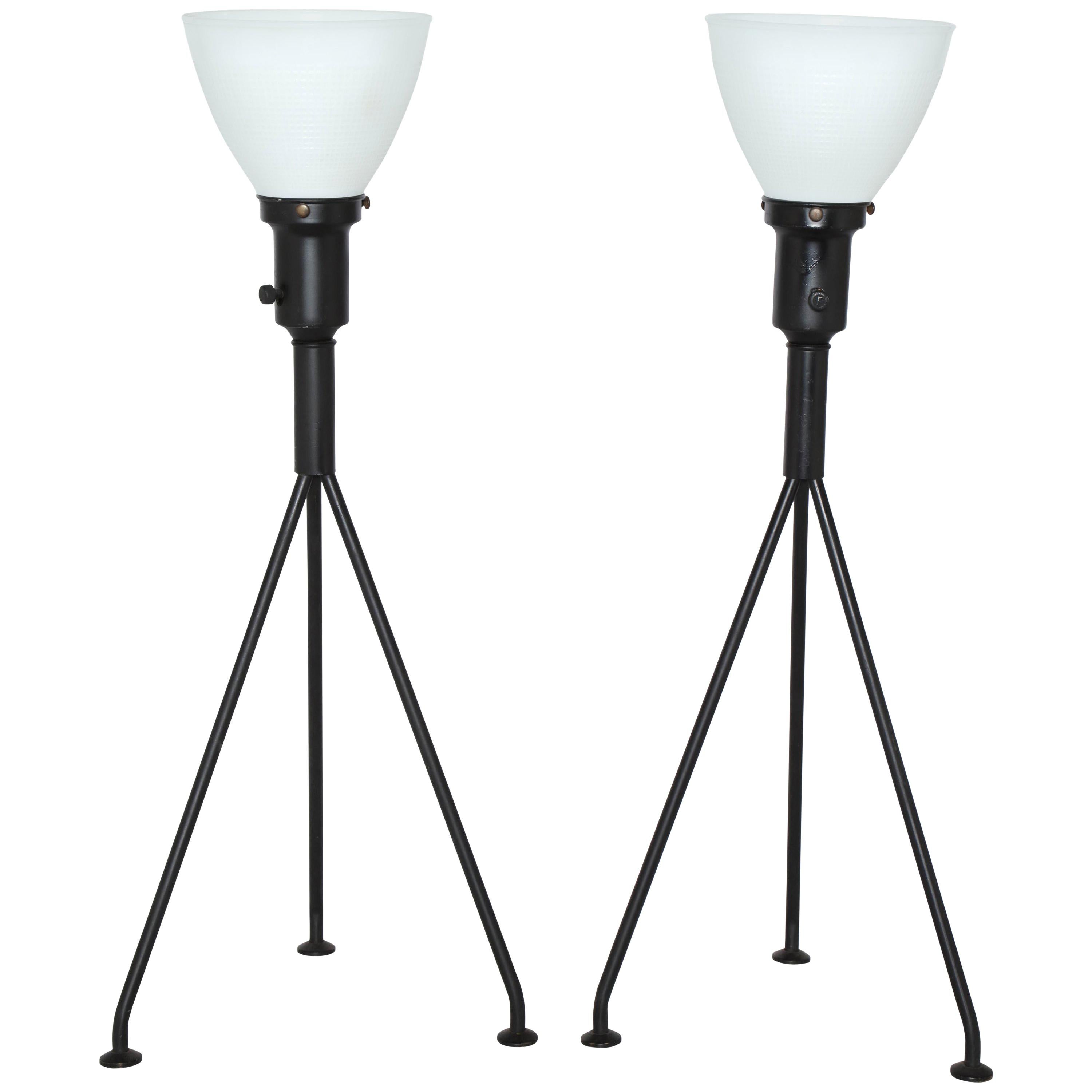 Pair Gerald Thurston Black Iron Tripod Table Lamps with Milk Glass Shades For Sale