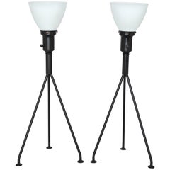 Pair Gerald Thurston Black Iron Tripod Table Lamps with Milk Glass Liner Shades
