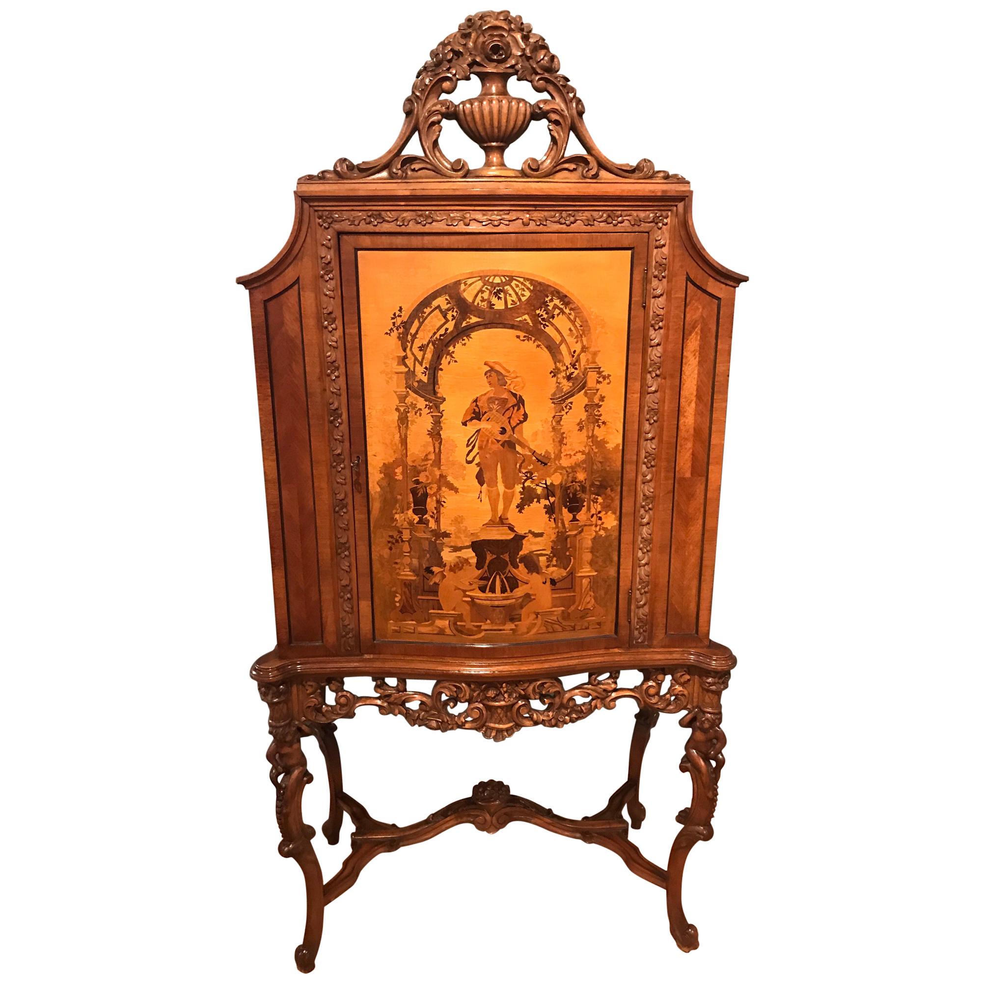 French Carved Marquetry Cabinet or Bar For Sale