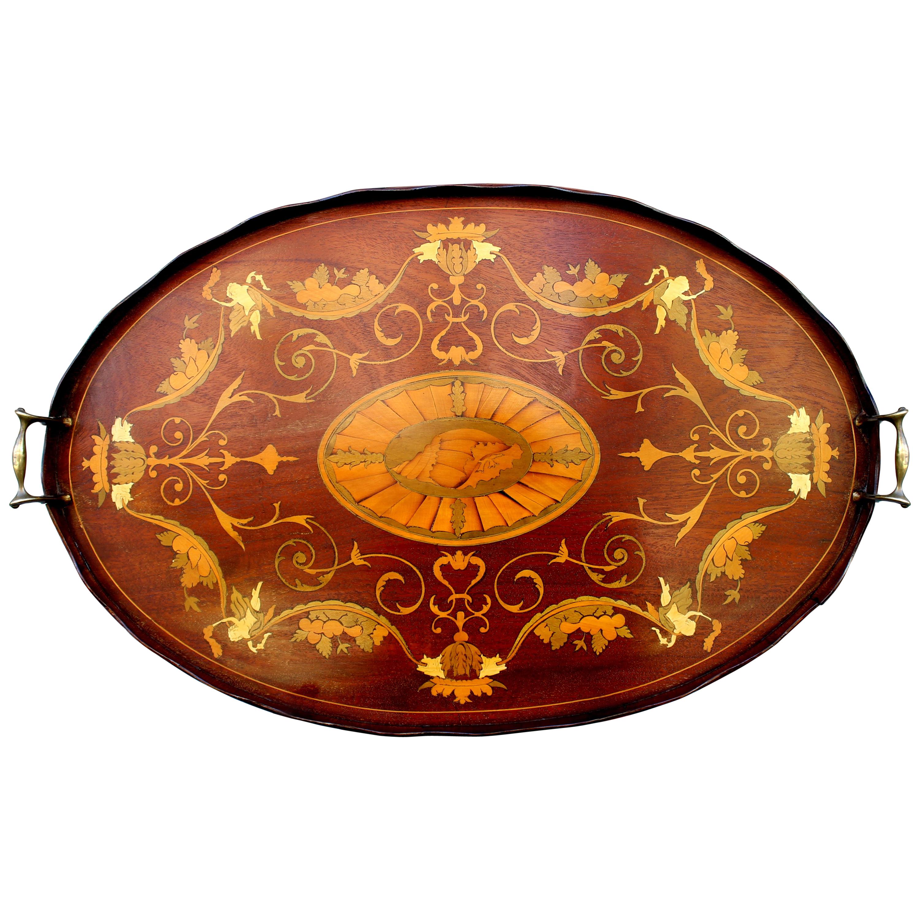 Finest Antique English Marquetry Inlaid Mahogany "Adam" Style Tray