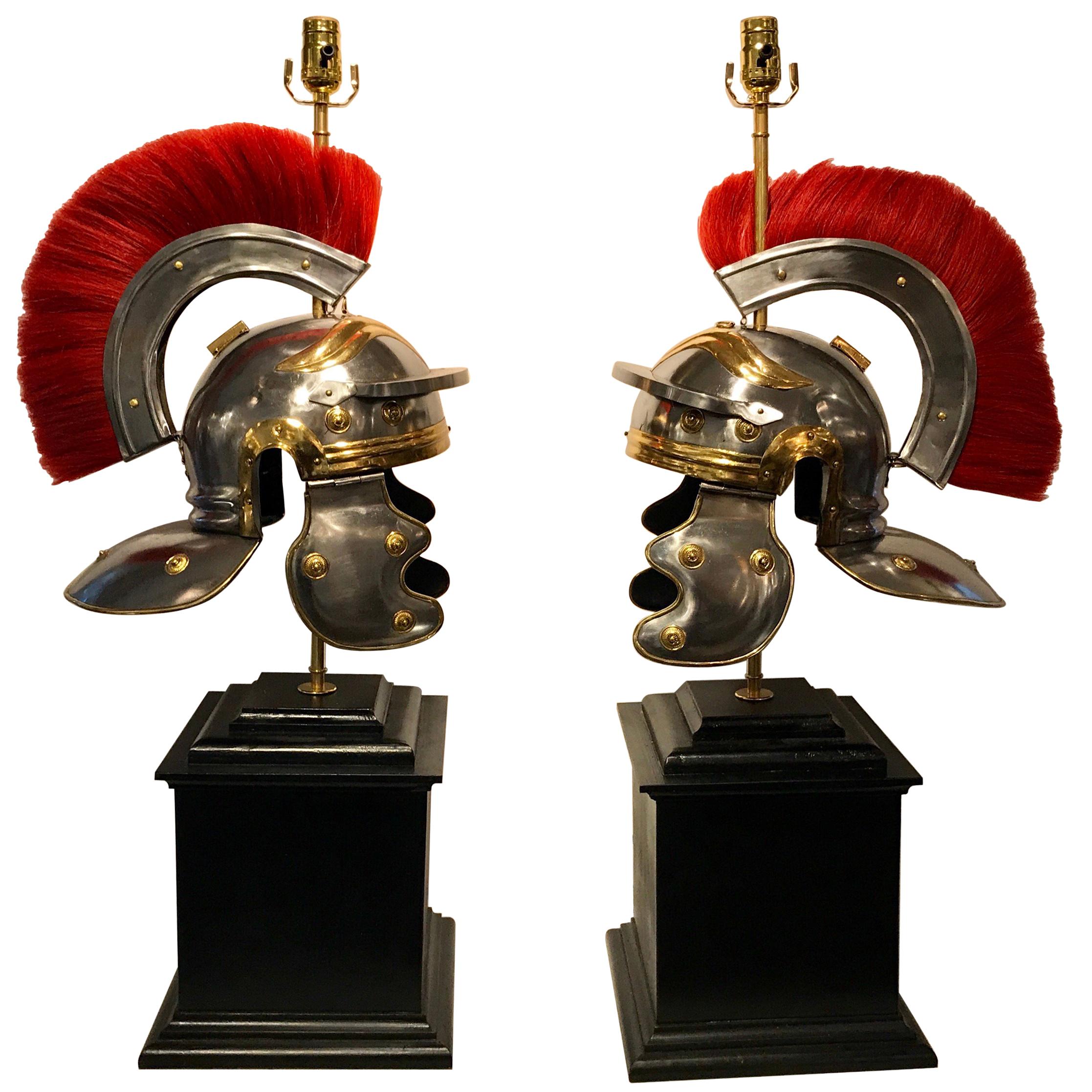 Pair of Grand Tour Steel and Brass Roman Helmets, Now as Lamps For Sale
