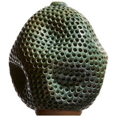 Wabi Sabi Japanese Style Antique Green Hand Carved Ceramic Vase Sculpure Vessel