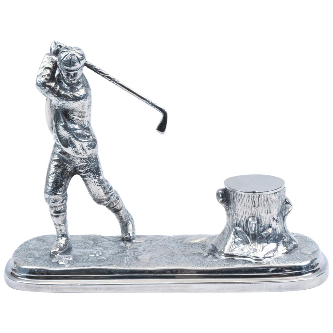English Sheffield Silver Plated Inkwell with Golfer Design Details